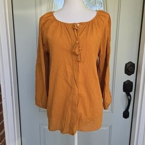 Massimo Dutti Mustard Yellow Tie Neck Tassel Embroidered Blouse